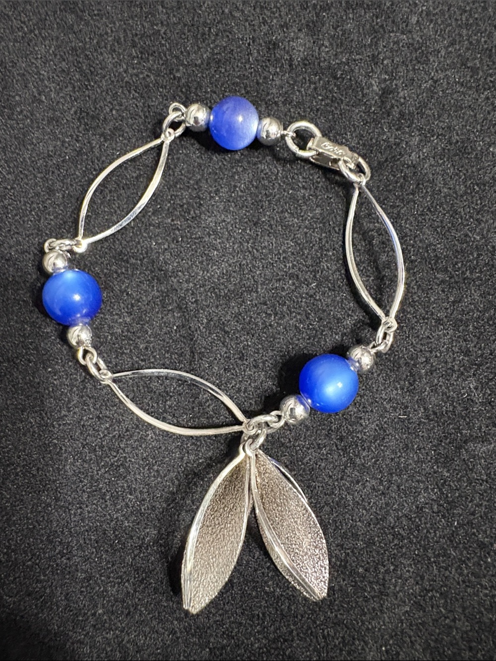 Coro Silver-Tone Bracelet with Bright Blue Beads and Leaf Charms